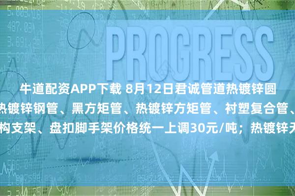牛道配资APP下载 8月12日君诚管道热镀锌圆管、直缝焊管、燃气专用热镀锌钢管、黑方矩管、热镀锌方矩管、衬塑复合管、大棚椭圆管、光伏结构支架、盘扣脚手架价格统一上调30元/吨；热镀锌无缝管执行2025年6月1日价格；涂塑复合管、预涂覆热浸锌钢管执行2025年1月9日政策。
