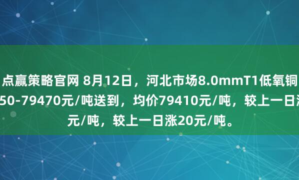 点赢策略官网 8月12日，河北市场8.0mmT1低氧铜杆报价79350-79470元/吨送到，均价79410元/吨，较上一日涨20元/吨。